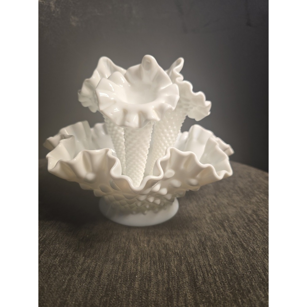 Vintage Fenton Hobnail Milk Glass Epergne Ruffled Bowl 3 Horned Vase Art Glass - Picture 4 of 11
